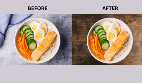 before and after adding background to food photo